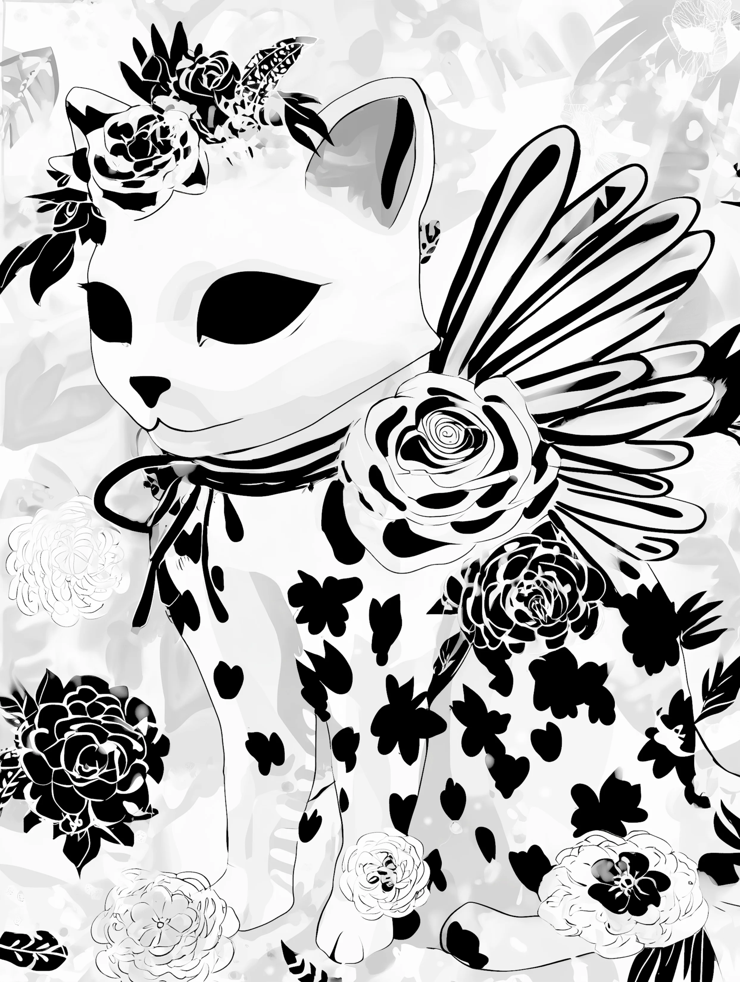 Free printable kitten coloring page featuring kitten with black and white wings